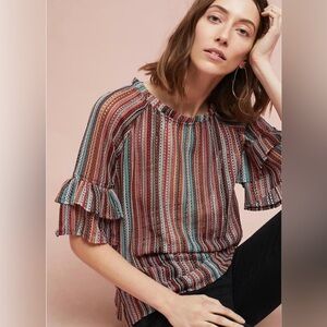 Anthro Eva Franco Jessalyn  Striped Knit Ruffle Sleeve Multicolor Top NWT Sz XS
